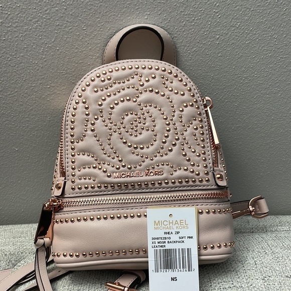 Michael Kors Rhea Mini Zip Studded Convertible Backpack bag pink rose gold - Picture 6 of 9